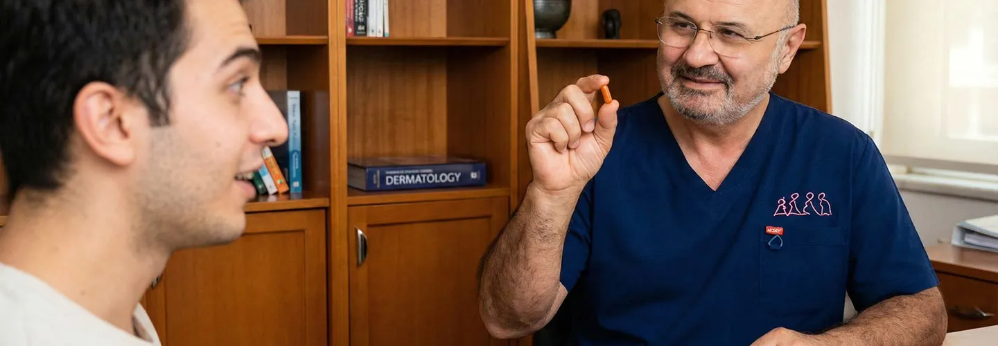 izotretinoin ilaç kutusu ve sperm hücrelerinin mikroskobik görüntüsü