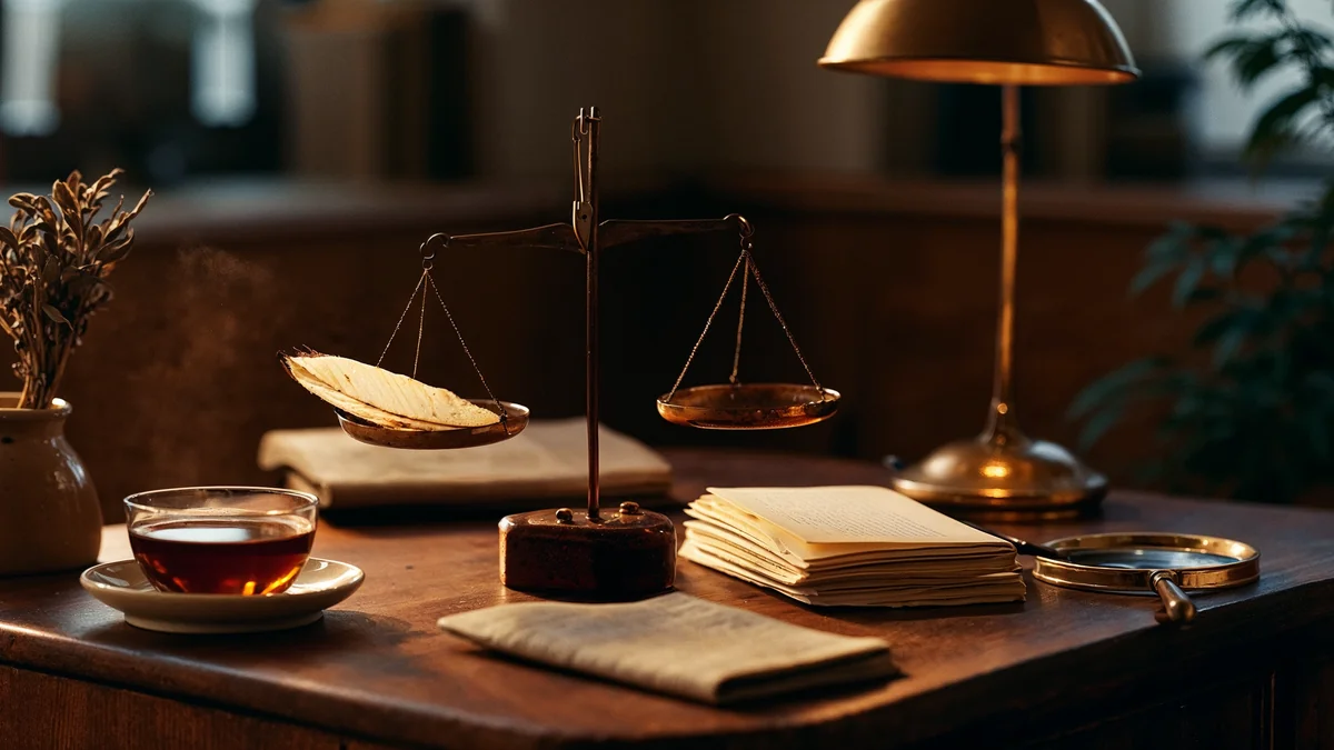 Editorial still life: brass terazinin iki kefesi vaat ile kanıtı tartıyor, yanında kuru sage stem, koyu amber çay, kapalı dergi sayfaları ve magnifier — kanıta sadakatin görsel metaforu