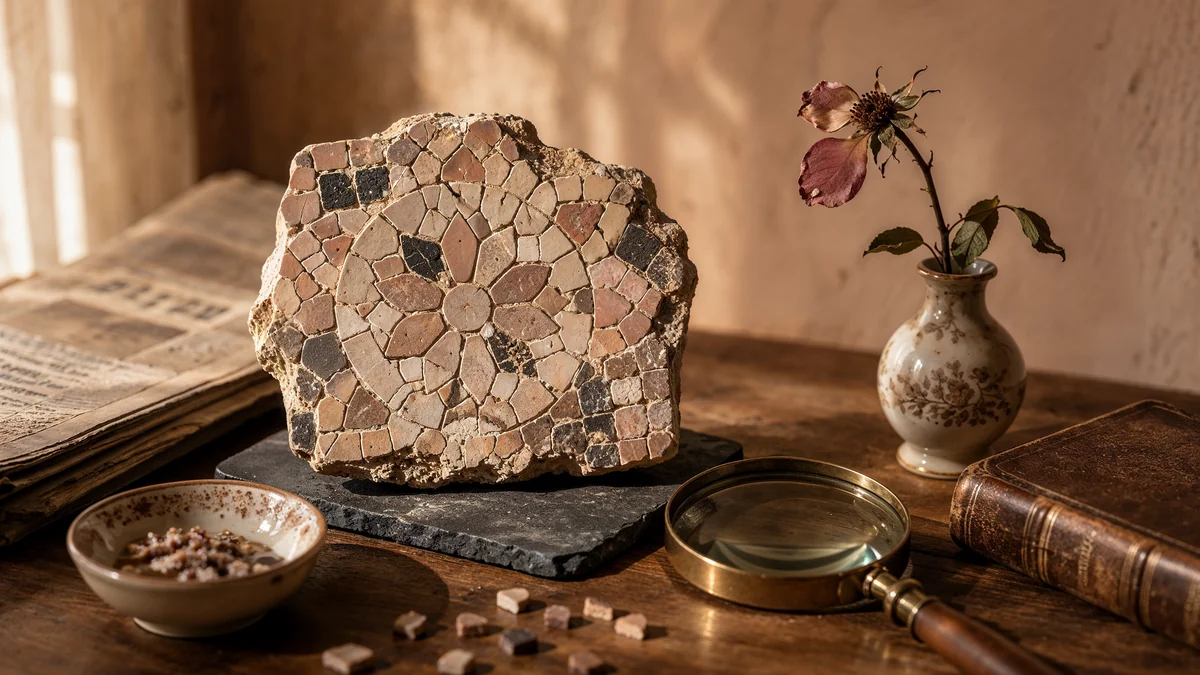 Editorial still life: antika Akdeniz mozaik fragmanı, soluk gül, brass magnifier ve deri kitap — embriyo mozaisizminin görsel metaforu, bütünün bir parçadan daha karmaşık olduğunu hatırlatır